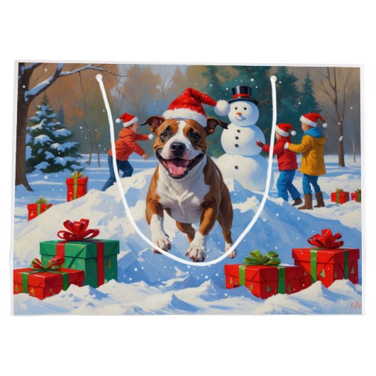 Bull Terrier Kerstfeest Sneeuwscène Groot Cadeauzakje (Achterkant)