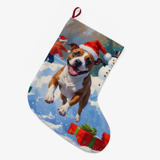 Bull Terrier Kerstfeest Sneeuwscène Grote Kerstsok (Voorkant (Hangend))