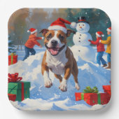 Bull Terrier Kerstfeest Sneeuwscène Papieren Bordje (Voorkant)