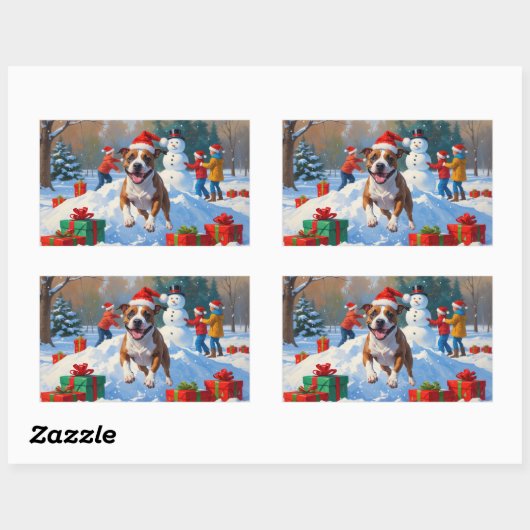 Bull Terrier Kerstfeest Sneeuwscène Rechthoekige Sticker (Vel)