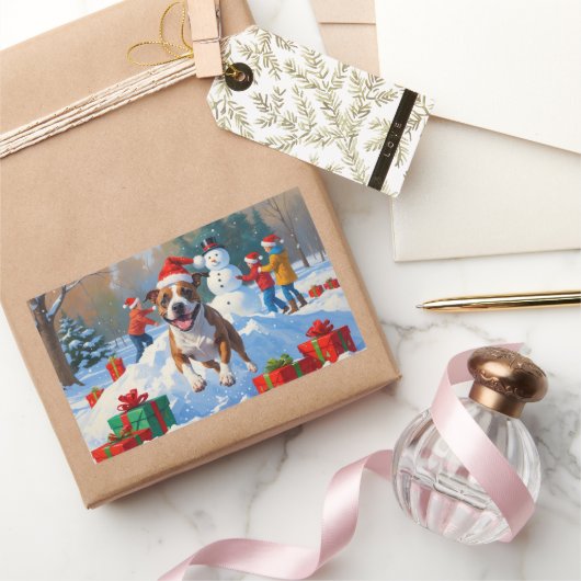 Bull Terrier Kerstfeest Sneeuwscène Rechthoekige Sticker (Geschenken)