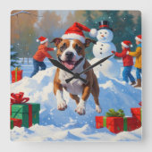 Bull Terrier Kerstfeest Sneeuwscène Vierkante Klok (Voorkant)