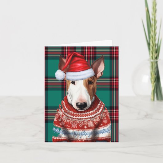 Bull Terrier Kersthond Green Plaid Kerstmis Feestdagen Kaart (Voorkant)