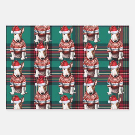 Bull Terrier Kersthond Red Green Plaid Inpakpapier Vel (Voorkant 2)