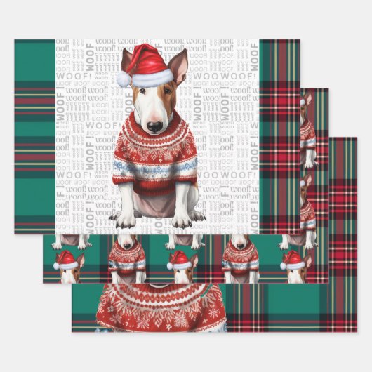 Bull Terrier Kersthond Red Green Plaid Inpakpapier Vel (Set)
