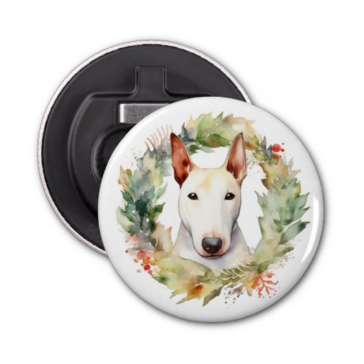 Bull Terrier Kerstkrans Feestelijke Pup Button Flesopener (Voorkant)