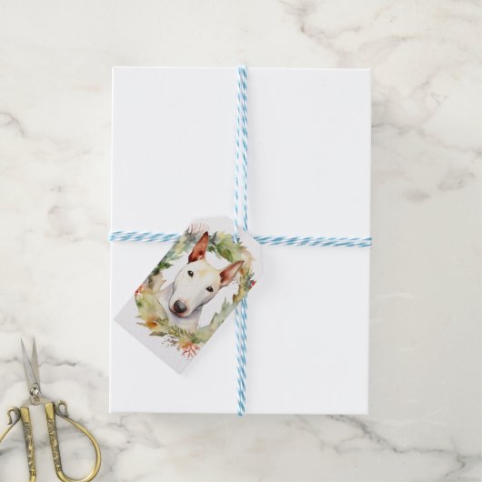 Bull Terrier Kerstkrans Feestelijke Pup Cadeaulabel (Met Touw)