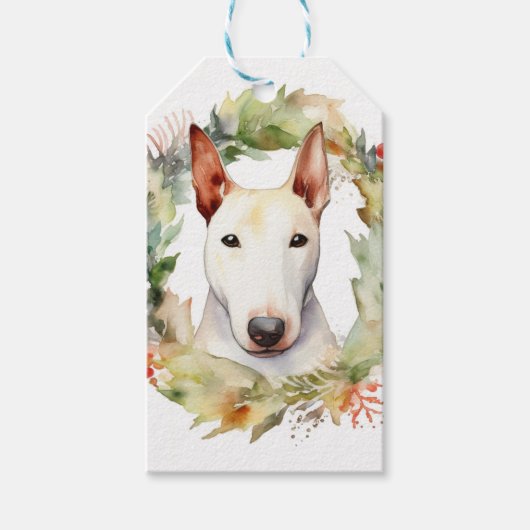 Bull Terrier Kerstkrans Feestelijke Pup Cadeaulabel (Voorkant)