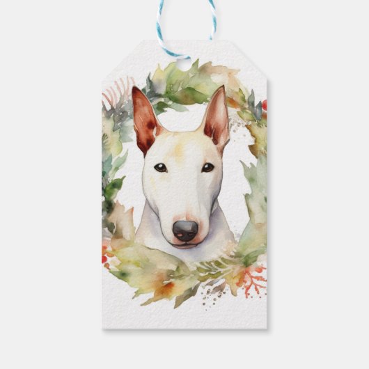 Bull Terrier Kerstkrans Feestelijke Pup Cadeaulabel (Achterkant)