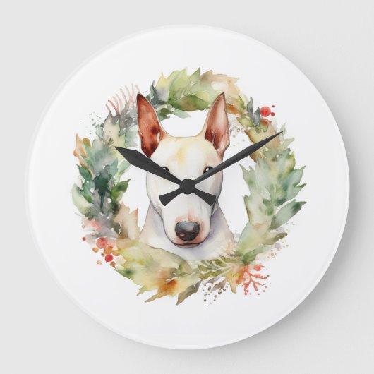 Bull Terrier Kerstkrans Feestelijke Pup Grote Klok (Voorkant)