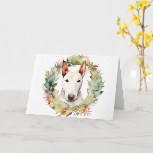 Bull Terrier Kerstkrans Feestelijke Pup Kaart (Gele Bloem)