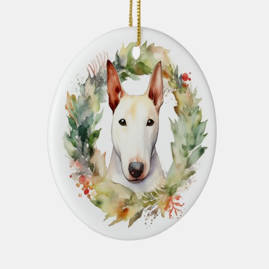 Bull Terrier Kerstkrans Feestelijke Pup Keramisch Ornament (Rechts)