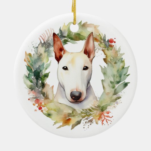 Bull Terrier Kerstkrans Feestelijke Pup Keramisch Ornament (Achterkant)