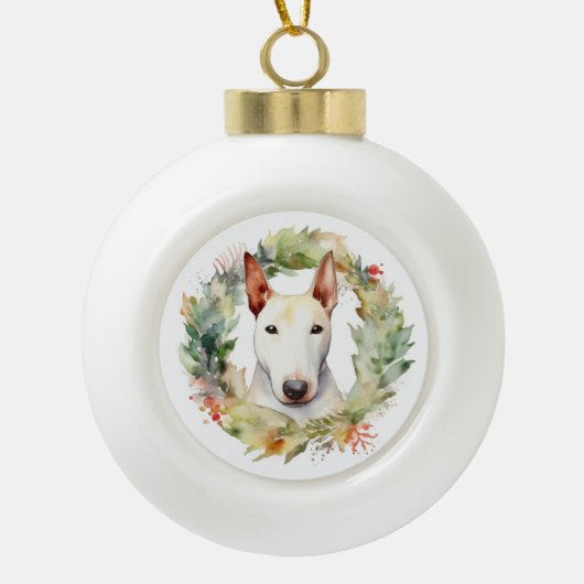 Bull Terrier Kerstkrans Feestelijke Pup Keramische Bal Ornament (Voorkant)
