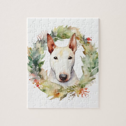 Bull Terrier Kerstkrans Feestelijke Pup Legpuzzel (Verticaal)