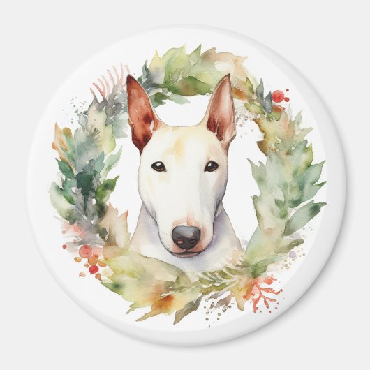 Bull Terrier Kerstkrans Feestelijke Pup Magneet (Voorkant)