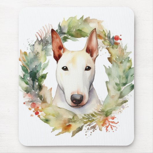 Bull Terrier Kerstkrans Feestelijke Pup Muismat (Voorkant)