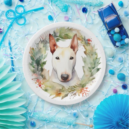 Bull Terrier Kerstkrans Feestelijke Pup Papieren Bordje (Feest)