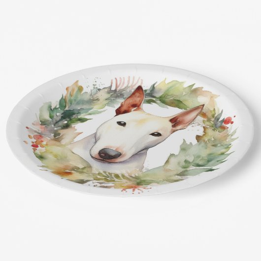 Bull Terrier Kerstkrans Feestelijke Pup Papieren Bordje (Gekanteld)