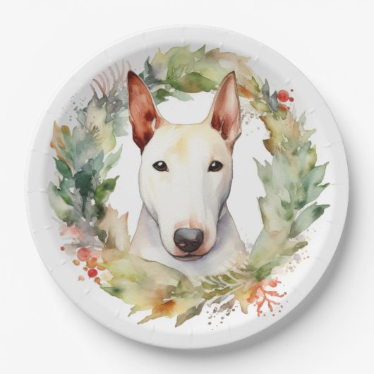 Bull Terrier Kerstkrans Feestelijke Pup Papieren Bordje (Voorkant)