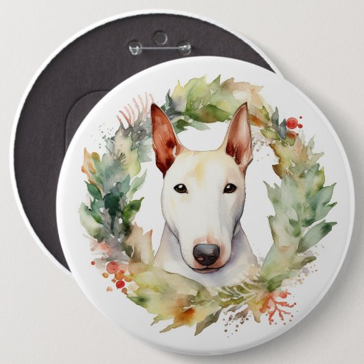 Bull Terrier Kerstkrans Feestelijke Pup Ronde Button 6,0 Cm (Voorkant /achterkant)