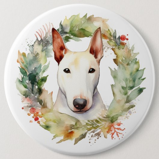 Bull Terrier Kerstkrans Feestelijke Pup Ronde Button 6,0 Cm (Voorkant)