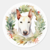 Bull Terrier Kerstkrans Feestelijke Pup Ronde Sticker (Voorkant)