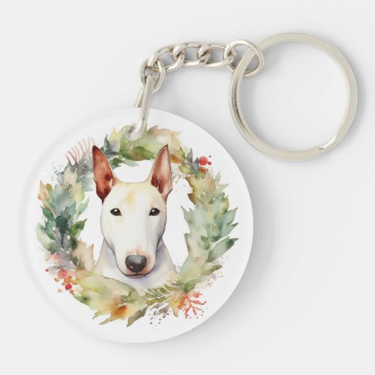 Bull Terrier Kerstkrans Feestelijke Pup Sleutelhanger (Achterkant)