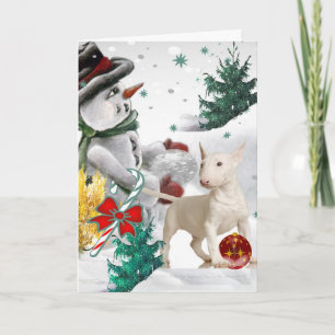 Bull Terrier Kerstmis met Sneeuwman Feestdagen Kaart