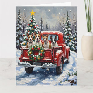 Bull Terrier Kerstmis Rode Truck Vakantie Kaart