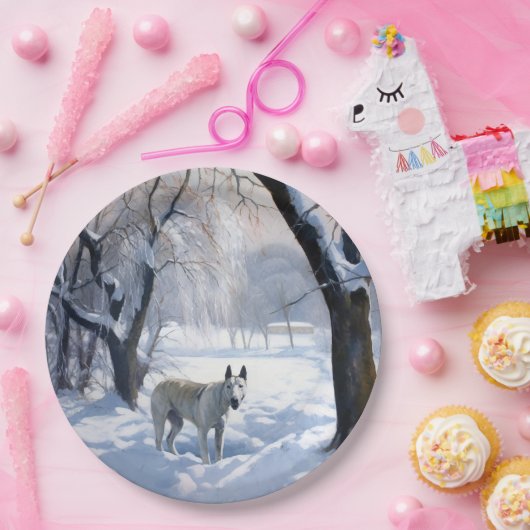 Bull Terrier Laat het sneeuwen Kerstmis Papieren Bordje (Feest)