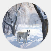 Bull Terrier Laat het sneeuwen Kerstmis Ronde Sticker (Voorkant)