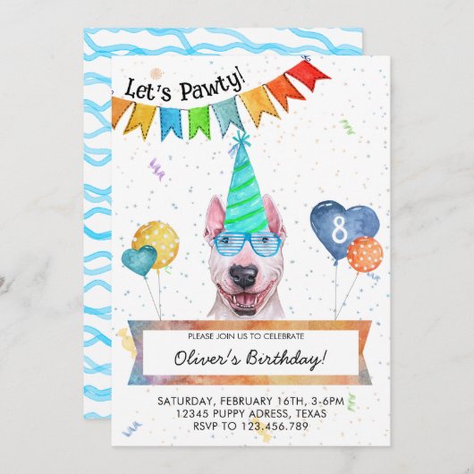 Bull Terrier Lets Pawty Dog Birthday Party Kaart (Voorkant / Achterkant)