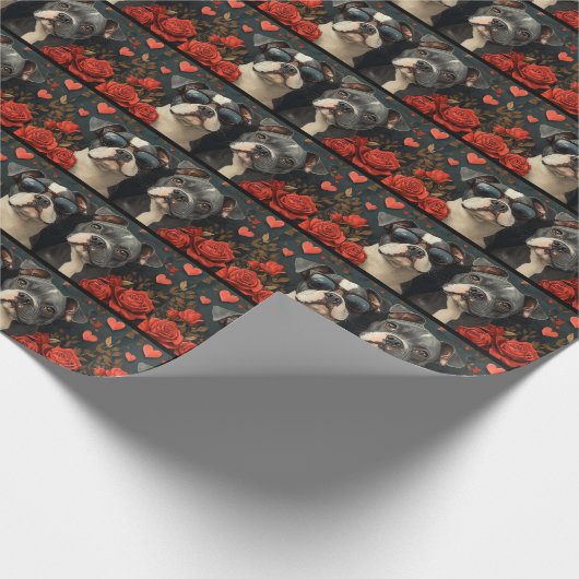 Bull Terrier met hart Rozen Valentijnsdag Cadeaupapier (Hoek)