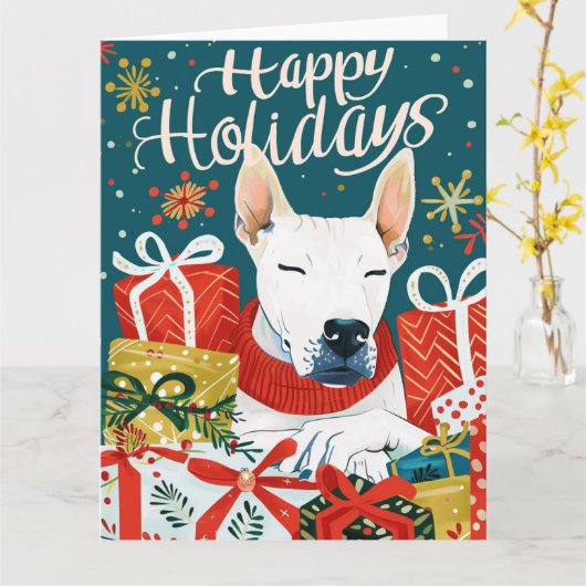 Bull Terrier met kerstcadeauboxen Kaart (Gele Bloem)