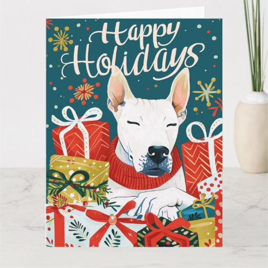 Bull Terrier met kerstcadeauboxen Kaart (Voorkant)