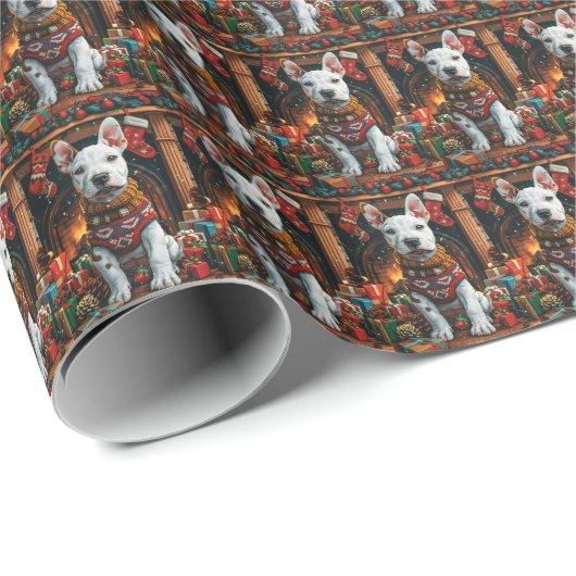 Bull Terrier met Kerstcadeaus Open Haard Cadeaupapier (Rol Hoek)