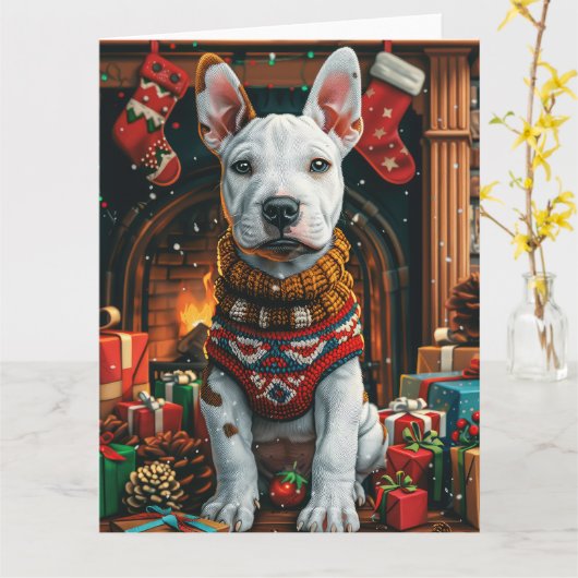 Bull Terrier met kerstcadeaus open haard Kaart (Gele Bloem)