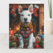 Bull Terrier met kerstcadeaus open haard Kaart (Voorkant)