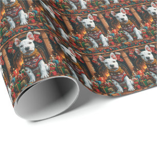 Bull Terrier met kerstgeschenken open haard Cadeaupapier