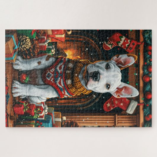 Bull Terrier met kerstgeschenken open haard Legpuzzel (Horizontaal)