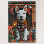 Bull Terrier met kerstgeschenken open haard Legpuzzel (Verticaal)