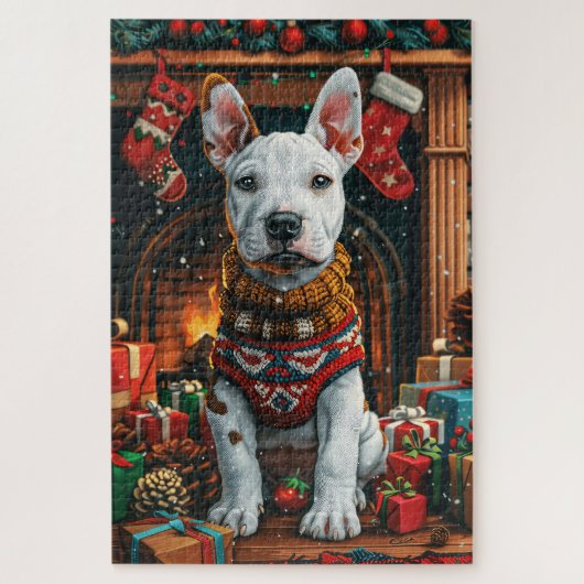 Bull Terrier met kerstgeschenken open haard Legpuzzel (Verticaal)