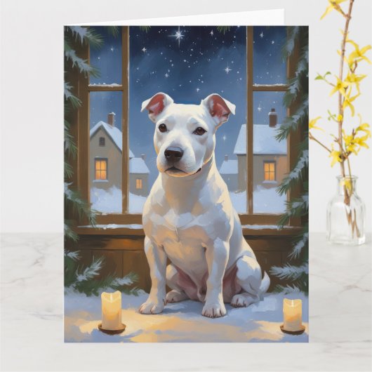 Bull Terrier met Kerstverlichting Vakantie Kaart (Gele Bloem)