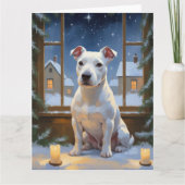 Bull Terrier met Kerstverlichting Vakantie Kaart (Voorkant)