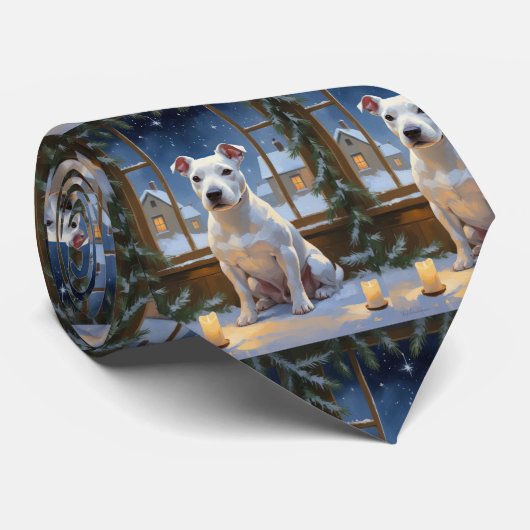 Bull Terrier met Kerstverlichting Vakantie Stropdas (Opgerold)