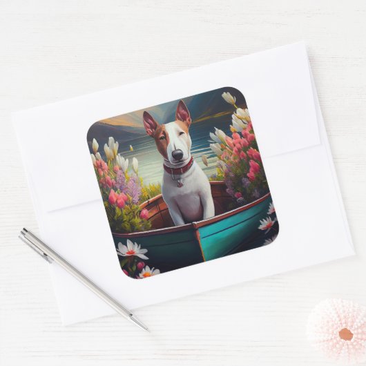 Bull Terrier op een peddel: Een Schilderachtig avo Vierkante Sticker (Envelop)