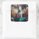 Bull Terrier op een peddel: Een Schilderachtig avo Vierkante Sticker (Tas)