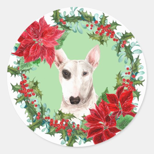 Bull Terrier Poinsettia Holly Kerstmis Wreath Ronde Sticker (Voorkant)