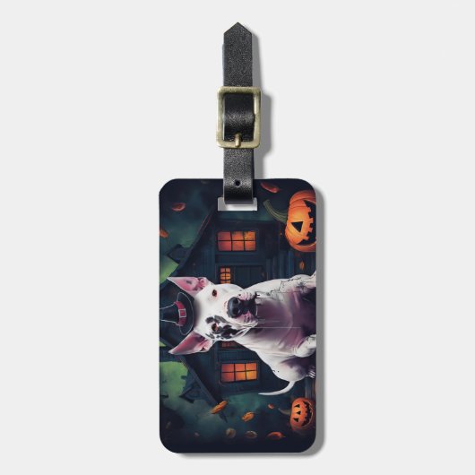 Bull Terrier pompoenen Halloween eng Bagagelabel (Voorkant verticaal)